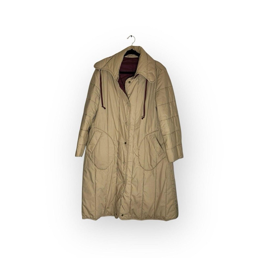 VTG 80s Quilted Puffer Trench Coat Tan Burgundy Oversized Roseanne Style Large